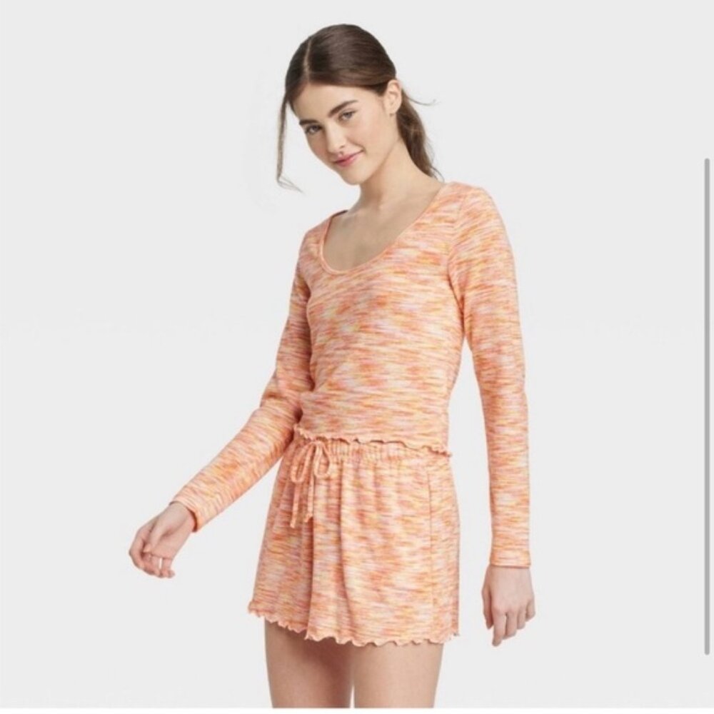 NEW Colsie Top Blouse Orange Multi Color Cropped Brushed Knit Long Sleeve Small